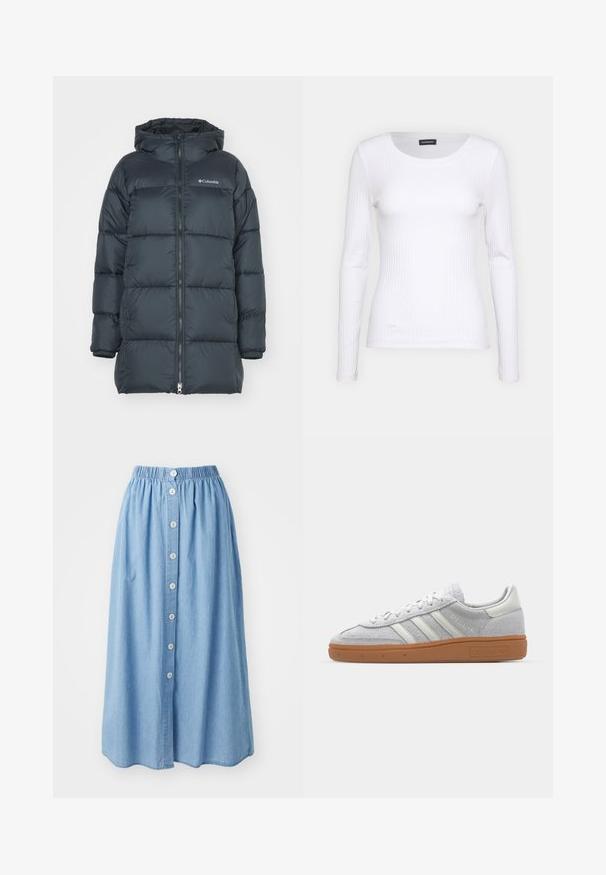 Dark navy puffer jacket with a hood, features a zippered front, horizontal quilted design, and logo on the chest. Material has a smooth texture.; White ribbed long-sleeve top with a round neckline. Made from a stretchy fabric that hugs the body. Features subtle horizontal lines.; Light blue denim skirt with an elasticated waistband and a row of six buttons down the front. Knee-length with a loose, flowing design.; Light grey suede sneaker with white leather accents, three white stripes, and a brown rubber sole, featuring a padded collar for comfort.