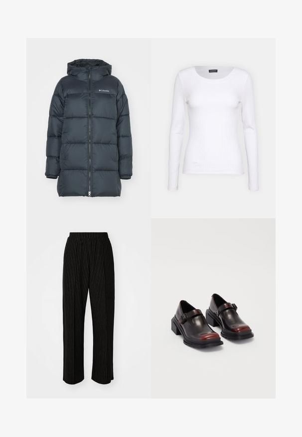 Tamno mornarski puffer jakna s kapuljačom, ima zatvarač sprijeda, horizontalni kviltani dizajn i logo na prsima. Materijal je glatke teksture.; Bijela rebrasta dugosveđa majica s okruglim izrezom. Izrađena od rastezljivog materijala koji se prilagođava tijelu. Sadrži suptilne horizontalne linije.; Crne široke hlače s bijelim vertikalnim prugama, s elastičnim pojasom za udobnost i glatkom, mekom teksturom.; Cipele s blok potpeticom od kože, s sjajnom tamnocrvenom završnom obradom, opremljene remenom s kopčom i dizajnom s okruglim nosom. Teksturirani đon za prianjanje.