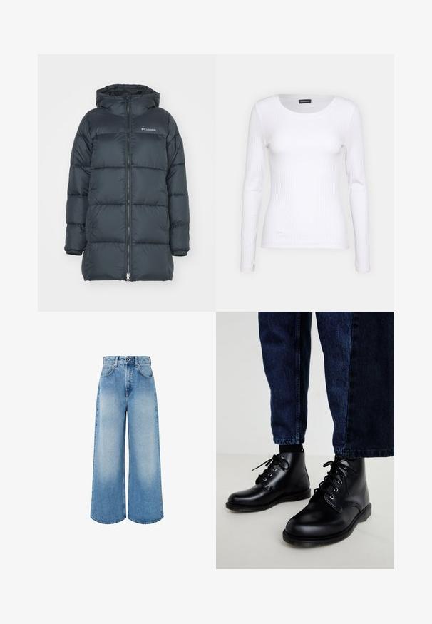 Tumši jūras spēka krāsas pūkains mētelis ar kapuci, ar aizdari priekšā, horizontālu pāršūtu dizainu un logo uz krūtīm. Materiāls ir gluds.; Balts ribots garām piedurknēm krekls ar apaļu kakla izgriezumu. Izgatavots no elastīga auduma, kas pieguļ ķermenim. Iezīmējas ar smalkām horizontālām līnijām.; Gaiši zili, plata kāju džinsi, izgatavoti no denima, ar augstu jostasvietu, pogu aizdari un vieglu izlīdzināšanu ar tīrām apakšmalām.; Melnas ādas potītes zābaki ar apaļiem purngaliem, ar auklām un metāla acīm. Valkāti ar tumši zilām džinsu biksēm, ar taisna griezuma formu.