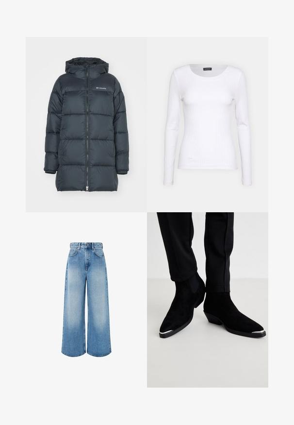 Tumedast meresinise värvi puhvri jope kapuutsiga, millel on tavaline lukuga eesmine avamine, horisontaalne tikandmuster ja logo rinnal. Materjalil on sile pind.; Valge soonikuline pikkade varrukatega pluus ümmarguse kaelusega. Valmistatud venivast kangast, mis kehale siledalt ümber läheb. Omab peeneid horisontaalseid jooni.; Heledad hall sinine jeanid, millel on kõrge vöökoht, nööpkinne, kerge kulumine ja puhtad äärised.; Mustad suede pahklased teravate varvastega ja madala kandiga. Omab hõbedast varba katet ja elastseid külgpaneele. Kanda mustade kitsaste pükste koos.