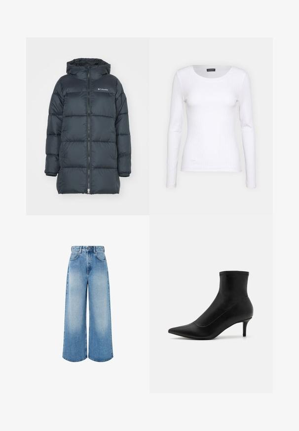 Tumedast meresinise värvi puhvri jope kapuutsiga, millel on tavaline lukuga eesmine avamine, horisontaalne tikandmuster ja logo rinnal. Materjalil on sile pind.; Valge soonikuline pikkade varrukatega pluus ümmarguse kaelusega. Valmistatud venivast kangast, mis kehale siledalt ümber läheb. Omab peeneid horisontaalseid jooni.; Heledad hall sinine jeanid, millel on kõrge vöökoht, nööpkinne, kerge kulumine ja puhtad äärised.; Mustad mustad madud mustast nahast, millel on terav varvas ja lühike, õhuke konts. Omab sujuvat disaini ja peeneid õmbluse aktsente.