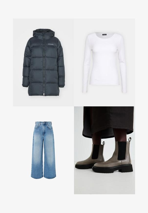 Giacca puffer di un blu scuro con cappuccio, presenta una chiusura con zip, design a righe orizzontali e logo sul petto. Il materiale ha una texture liscia.; Top a maniche lunghe bianco con collo rotondo. Realizzato in un tessuto elasticizzato che si adatta al corpo. Presenta delle sottili righe orizzontali.; Jeans a gamba larga di colore azzurro chiaro in denim, con vita alta, chiusura con bottone e leggera scoloritura con orli puliti.; Stivaletti grigi alla caviglia realizzati in pelle testurizzata con pannelli laterali elastici e una suola nera spessa. Presentano dei tiranti per una facile calzata.