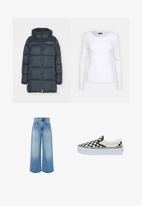 Mørkeblå dunjakke med hætte, har lynlås foran, horisontalt quiltet design og logo på brystet. Materialet har en glat tekstur.; Hvid ribbet langærmet trøje med rund halsudskæring. Fremstillet af et strækstof, der sidder tæt til kroppen. Har subtile horisontale linjer.; Lyseblå vidde jeans lavet af denim, med høj talje, knaplukning og subtil falmning med rene kantkanter.; Sorte og hvide ternede slip-on sko med en hvid sål, der har en overdel i kanvas og elastiske sideaksenter for nemt at tage af og på.
