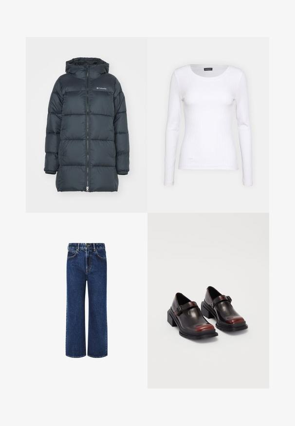 Tumedast meresinise värvi puhvri jope kapuutsiga, millel on tavaline lukuga eesmine avamine, horisontaalne tikandmuster ja logo rinnal. Materjalil on sile pind.; Valge soonikuline pikkade varrukatega pluus ümmarguse kaelusega. Valmistatud venivast kangast, mis kehale siledalt ümber läheb. Omab peeneid horisontaalseid jooni.; Tumedate džinsid laia säärega, kõrge vöökohaga, nööbiga kinnituse ja klassikalise viie tasku disainiga, kontrastsete niitidega.; Nahkased blokeeritud kontsaga kingad, millel on läikiv tume burgundi värv, koos pannalalusega ja ümarate sõrmedega disainiga. Struktuurne välistald haarde jaoks.