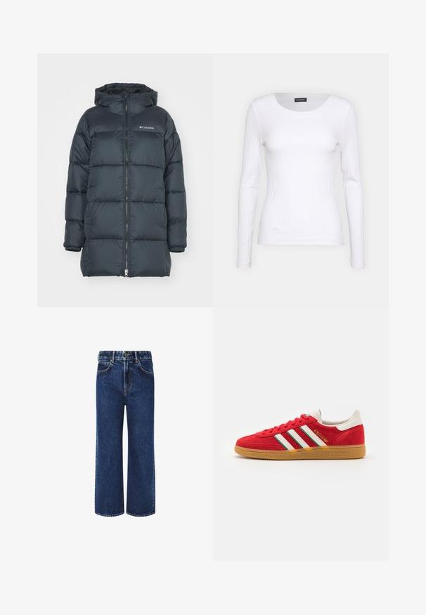 Chaqueta acolchada de color azul marino oscuro con capucha, presenta un cierre frontal con cremallera, diseño acolchado horizontal y un logo en el pecho. El material tiene una textura suave.; Top de manga larga blanco con cuello redondo. Fabricado en una tela elástica que se ajusta al cuerpo. Presenta sutiles líneas horizontales.; Vaqueros de pierna ancha en azul oscuro, con una cintura alta, cierre de botón y un diseño clásico de cinco bolsillos con costuras en contraste.; adidas Originals HANDBALL SPEZIAL UNISEX - Zapatillas - better scarlet/cloud white/green