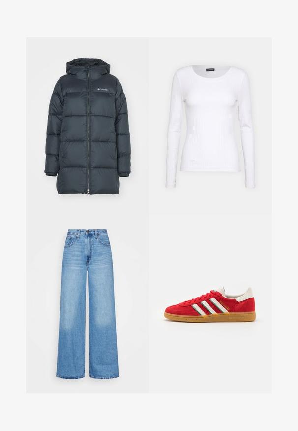 Tumedast meresinise värvi puhvri jope kapuutsiga, millel on tavaline lukuga eesmine avamine, horisontaalne tikandmuster ja logo rinnal. Materjalil on sile pind.; Valge soonikuline pikkade varrukatega pluus ümmarguse kaelusega. Valmistatud venivast kangast, mis kehale siledalt ümber läheb. Omab peeneid horisontaalseid jooni.; Heledad püksid helesinisest denimist, millel on kõrge vöökohaga, nööbivöö ja klassikaline viie tasku disain koos tuhmide aladega.; adidas Originals HANDBALL SPEZIAL UNISEX - Tossud - better scarlet/cloud white/green