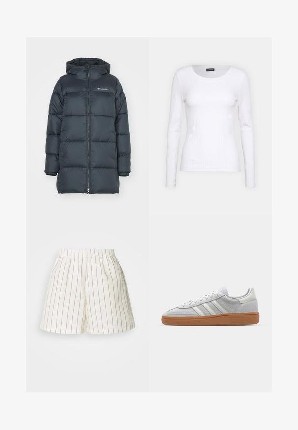 Tamsiai mėlynas pūkinis švarkas su gobtuvu, turi užtrauktuką priekyje, horizontalų siuvinėjimo dizainą ir logotipą ant krūtinės. Medžiaga yra lygaus paviršiaus.; Balta, raukšlėta ilgarankovė palaidinė su apvalia iškirpte. Pagaminta iš elastingos medžiagos, kuri prisitaiko prie kūno. Pasipuošusi subtiliomis horizontaliosiomis linijomis.; Balti šortai su raudonomis vertikaliomis juostelėmis, su elastingu juosmeniu ir laisvu siluetu. Pagaminti iš lengvos medvilnės medžiagos.; Šviesiai pilki zomšiniai sportbačiai su baltais odiniais akcentais, trimis baltomis juostelėmis ir rudą guminę pada, turintys paminkštintą apykaklę patogumui.