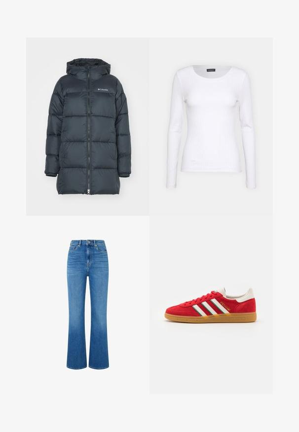 Tamno mornarski puffer jakna s kapuljačom, ima zatvarač sprijeda, horizontalni kviltani dizajn i logo na prsima. Materijal je glatke teksture.; Bijela rebrasta dugosveđa majica s okruglim izrezom. Izrađena od rastezljivog materijala koji se prilagođava tijelu. Sadrži suptilne horizontalne linije.; Svijetloplavi traperice s flared krojem i visokom strukom, s prednjim džepovima, zatvaranjem na zip i blagim izbleđenjem za teksturu. Bez vidljivog brendiranja.; adidas Originals HANDBALL SPEZIAL UNISEX - Tenisice - better scarlet/cloud white/green