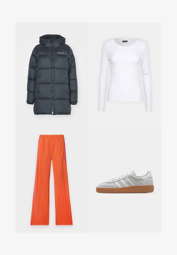 Mørkeblå dunjakke med hætte, har lynlås foran, horisontalt quiltet design og logo på brystet. Materialet har en glat tekstur.; Hvid ribbet langærmet trøje med rund halsudskæring. Fremstillet af et strækstof, der sidder tæt til kroppen. Har subtile horisontale linjer.; adidas Originals FIREBIRD - Træningsbukser - orange/semi lucid fuchsia; Lys grå ruskinds sneaker med hvide læderdetaljer, tre hvide striber og en brun gummisål, der har en polstret krave for komfort.