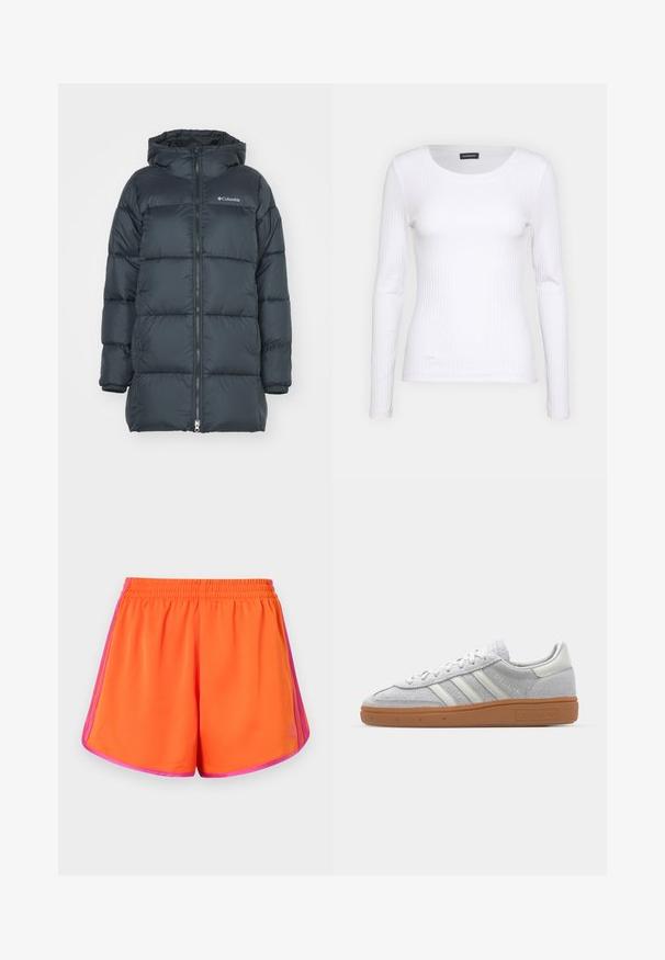 Veste matelassée d'un bleu marine foncé avec capuche, dotée d'une fermeture éclair à l'avant, d'un design matelassé horizontal et d'un logo sur la poitrine. Le matériau a une texture lisse.; T-shirt à manches longues blanc côtelé avec un col rond. Fabriqué en un tissu extensible qui épouse le corps. Présente de fines lignes horizontales.; Shorts de sport orange vif avec une taille élastique, ornés de rayures latérales roses et d'une finition en tissu léger et lisse.; Baskets en suède gris clair avec des accents en cuir blanc, trois rayures blanches et une semelle en caoutchouc marron, dotées d'un col rembourré pour plus de confort.