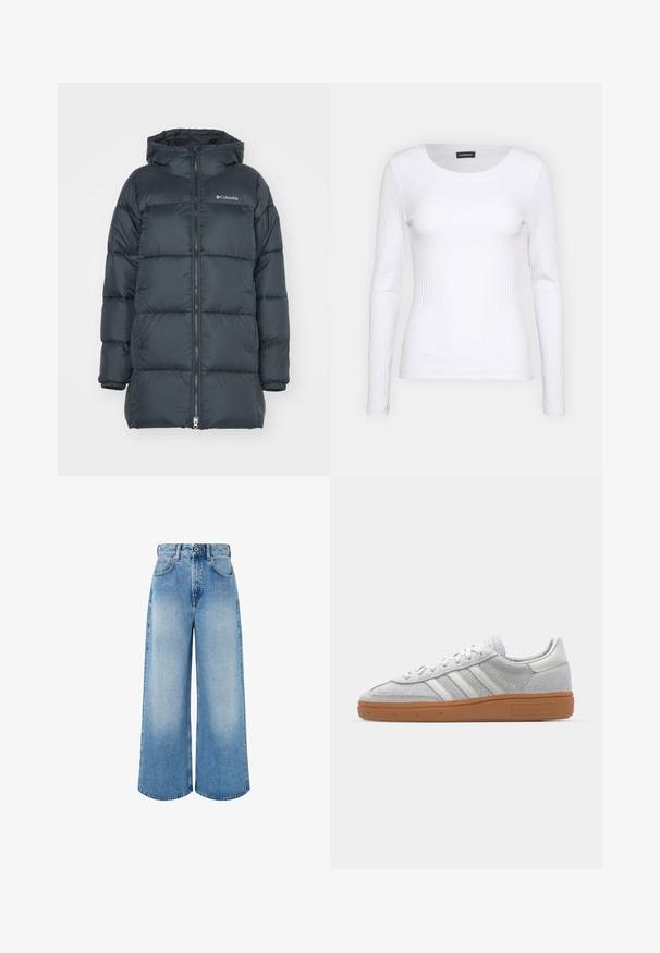 Tamno mornarski puffer jakna s kapuljačom, ima zatvarač sprijeda, horizontalni kviltani dizajn i logo na prsima. Materijal je glatke teksture.; Bijela rebrasta dugosveđa majica s okruglim izrezom. Izrađena od rastezljivog materijala koji se prilagođava tijelu. Sadrži suptilne horizontalne linije.; Svijetloplavi široki traperice izrađene od denima, s visokim strukom, zatvaranjem na dugme i suptilnim izbljeđivanjem te čistim rubovima.; Svijetlosivi nubuk tenisice s bijelim kožnim detaljima, tri bijele pruge i smeđa gumena potplat, s podstavljenim ovratnikom radi udobnosti.