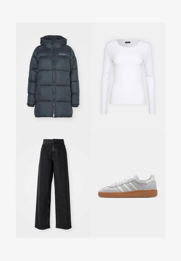 Tamsiai mėlynas pūkinis švarkas su gobtuvu, turi užtrauktuką priekyje, horizontalų siuvinėjimo dizainą ir logotipą ant krūtinės. Medžiaga yra lygaus paviršiaus.; Balta, raukšlėta ilgarankovė palaidinė su apvalia iškirpte. Pagaminta iš elastingos medžiagos, kuri prisitaiko prie kūno. Pasipuošusi subtiliomis horizontaliosiomis linijomis.; Juodos aukšto liemens plačios kojų džinsai, pagaminti iš džinsinio audinio, turi klasikinį penkių kišenių dizainą ir subtilius siuvimo akcentus.; Šviesiai pilki zomšiniai sportbačiai su baltais odiniais akcentais, trimis baltomis juostelėmis ir rudą guminę pada, turintys paminkštintą apykaklę patogumui.