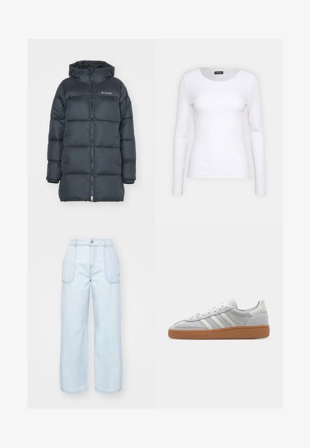 Ciemnoniebieska kurtka puchowa z kapturem, posiadająca zamek błyskawiczny z przodu, poziome przeszycia oraz logo na piersi. Materiał ma gładką fakturę.; Biała, prążkowana bluzka z długim rękawem i okrągłym dekoltem. Wykonana z elastycznej tkaniny, która dobrze przylega do ciała. Posiada subtelne poziome pasy.; Jasnoniebieskie dżinsy typu wide-leg wykonane z denimu, z zapięciem na guzik z przodu, dwiema bocznymi kieszeniami i widocznymi detalami szycia.; Jasnoszare zamszowe sneakersy z białymi skórzanymi akcentami, trzema białymi paskami i brązową gumową podeszwą, z wyściełanym kołnierzem dla komfortu.