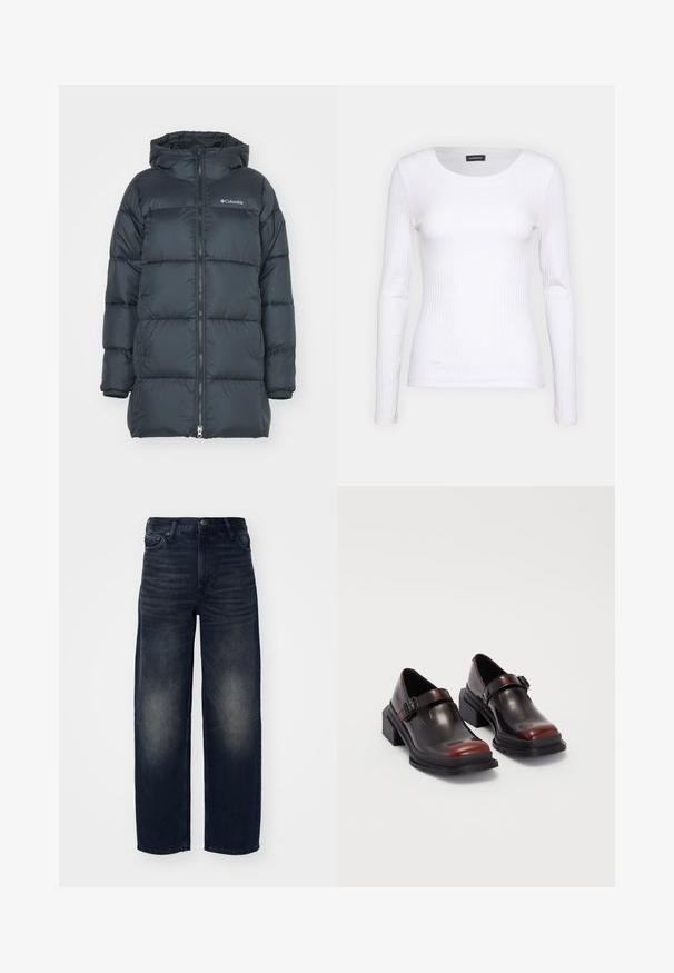 Dark navy puffer jacket with a hood, features a zippered front, horizontal quilted design, and logo on the chest. Material has a smooth texture.; White ribbed long-sleeve top with a round neckline. Made from a stretchy fabric that hugs the body. Features subtle horizontal lines.; Weekday RAIL MID LOOSE - Straight leg jeans - deep ocean blue; Leather block-heeled shoes with a shiny dark burgundy finish, featuring a buckle strap and rounded toe design. Textured outsole for grip.