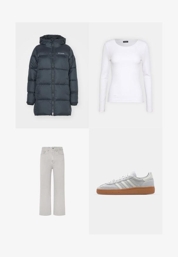 Temno modra puhovka s kapuco, ima zadrgo na sprednjem delu, horizontalno prešito zasnovo in logo na prsih. Material ima gladko teksturo.; Bela rebrasta majica z dolgimi rokavi in okruglim izrezom. Narejena iz elastičnega materiala, ki se prilega telesu. Značilen je diskreten horizontalni potisk.; Svetlo sivi traper hlače s ravnim krojem, pet žepov, sprednjim zadrgo in klasičnim pasom. Enostaven detajl šivanja.; Svjetlo sivi suedesni sportski cipeli s bijelim kožnim naglascima, tri bijele pruge i smeđi gumeni potplat, s podstavljenim ovratnikom za udobnost.