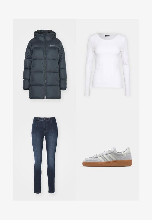Tamno mornarski puffer jakna s kapuljačom, ima zatvarač sprijeda, horizontalni kviltani dizajn i logo na prsima. Materijal je glatke teksture.; Bijela rebrasta dugosveđa majica s okruglim izrezom. Izrađena od rastezljivog materijala koji se prilagođava tijelu. Sadrži suptilne horizontalne linije.; Tamno plave traperice slim kroja. Imaju visoki struk, ravne nogavice i kontrastne šavove sprijeda. Klasičan dizajn s pet džepova.; Svijetlosivi nubuk tenisice s bijelim kožnim detaljima, tri bijele pruge i smeđa gumena potplat, s podstavljenim ovratnikom radi udobnosti.