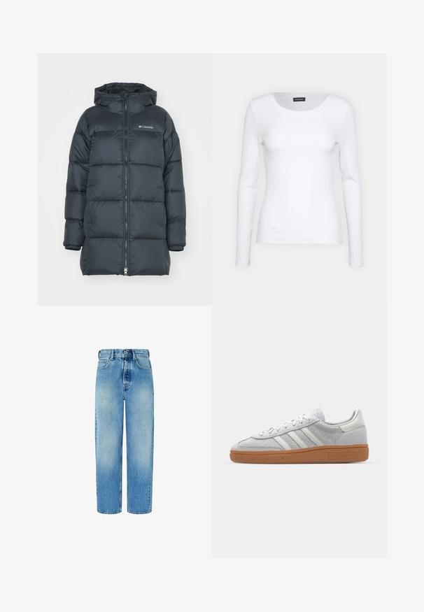 Tamno mornarski puffer jakna s kapuljačom, ima zatvarač sprijeda, horizontalni kviltani dizajn i logo na prsima. Materijal je glatke teksture.; Bijela rebrasta dugosveđa majica s okruglim izrezom. Izrađena od rastezljivog materijala koji se prilagođava tijelu. Sadrži suptilne horizontalne linije.; Svijetloplavi traperice s ravnim nogavicama, visokim strukom, prednjim džepovima i kopčanjem na gumb. Imaju blago izblijeđeli izgled i bez ukrasa.; Svijetlosivi nubuk tenisice s bijelim kožnim detaljima, tri bijele pruge i smeđa gumena potplat, s podstavljenim ovratnikom radi udobnosti.