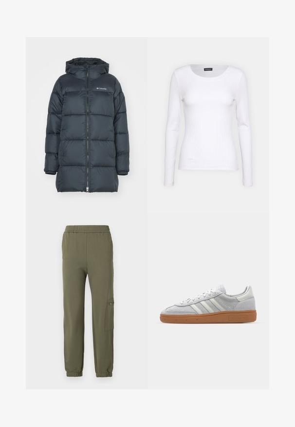 Veste matelassée d'un bleu marine foncé avec capuche, dotée d'une fermeture éclair à l'avant, d'un design matelassé horizontal et d'un logo sur la poitrine. Le matériau a une texture lisse.; T-shirt à manches longues blanc côtelé avec un col rond. Fabriqué en un tissu extensible qui épouse le corps. Présente de fines lignes horizontales.; Pantalons de jogging vert olive avec une taille élastique, des poignets fuselés et une poche cargo latérale avec un détail zip. Tissu doux et extensible.; Baskets en suède gris clair avec des accents en cuir blanc, trois rayures blanches et une semelle en caoutchouc marron, dotées d'un col rembourré pour plus de confort.