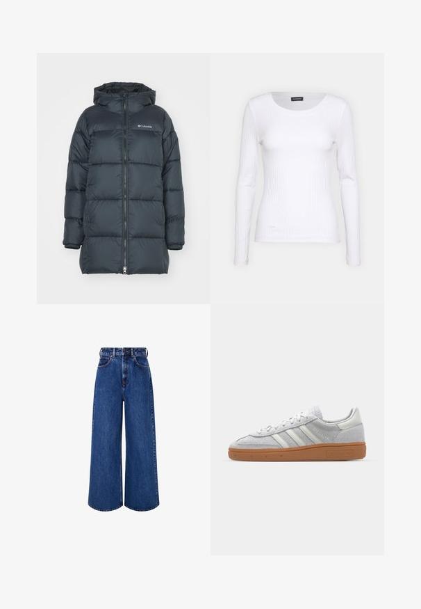 Tamsiai mėlynas pūkinis švarkas su gobtuvu, turi užtrauktuką priekyje, horizontalų siuvinėjimo dizainą ir logotipą ant krūtinės. Medžiaga yra lygaus paviršiaus.; Balta, raukšlėta ilgarankovė palaidinė su apvalia iškirpte. Pagaminta iš elastingos medžiagos, kuri prisitaiko prie kūno. Pasipuošusi subtiliomis horizontaliosiomis linijomis.; Plačios džinsinės kelnių kelnės tamsiai mėlynos spalvos. Yra aukštas liemuo, kontrastingi siūlai, priekinės kišenės ir mygtukų uždarymas.; Šviesiai pilki zomšiniai sportbačiai su baltais odiniais akcentais, trimis baltomis juostelėmis ir rudą guminę pada, turintys paminkštintą apykaklę patogumui.