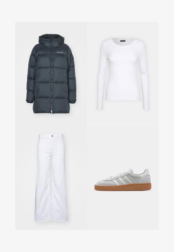 Mørkeblå dunjakke med hætte, har lynlås foran, horisontalt quiltet design og logo på brystet. Materialet har en glat tekstur.; Hvid ribbet langærmet trøje med rund halsudskæring. Fremstillet af et strækstof, der sidder tæt til kroppen. Har subtile horisontale linjer.; Hvide bredde benbukser lavet af denim, med knaplukning og bæltestropper. Glat tekstur med ren syning og uden mønstre.; Lys grå ruskinds sneaker med hvide læderdetaljer, tre hvide striber og en brun gummisål, der har en polstret krave for komfort.