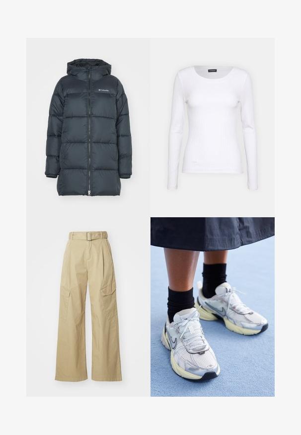 Casaco puff de cor azul marinho escuro com capuz, apresenta um fecho de correr na frente, design acolchoado horizontal e logótipo no peito. O material tem uma textura suave.; Top branco canelado de mangas longas com um decote redondo. Feito de um tecido elástico que se ajusta ao corpo. Apresenta linhas horizontais sutis.; Calças cargo bege de perna larga, feitas de um tecido leve. Apresentam uma cintura com cinto, dois bolsos laterais e pregas frontais distintas.; Sapatilhas Nike brancas e prateadas com tecido em malha, detalhes refletivos e sola bege. Usadas com meias pretas, de pé sobre uma superfície azul.