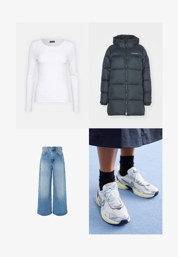 Dunkelblaue Steppjacke mit Kapuze, verfügt über einen Reißverschluss an der Vorderseite, horizontales Steppmuster und ein Logo auf der Brust. Das Material hat eine glatte Textur.; Weißes geripptes Langarmoberteil mit Rundhalsausschnitt. Aus einem dehnbaren Stoff gefertigt, der den Körper umschmeichelt. Verfügt über dezente horizontale Streifen.; Hellblaue, weit geschnittene Jeans aus Denim mit hoher Taille, Knopfverschluss und subtiler Ausbleichung sowie sauberen Saumkanten.; Weiße und silberne Nike-Sneaker aus Mesh-Gewebe, mit reflektierenden Akzenten und einer beigen Sohle. Getragen mit schwarzen Socken und stehend auf einer blauen Fläche.