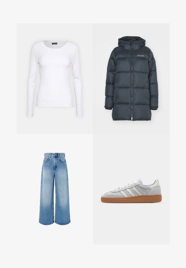 Donker marineblauwe pufferjack met een capuchon, voorzien van een ritssluiting aan de voorkant, horizontaal gestikte design en een logo op de borst. Het materiaal heeft een gladde textuur.; Witte geribbelde langemouwen top met een ronde halslijn. Gemaakt van een rekbare stof die het lichaam volgt. Heeft subtiele horizontale lijnen.; Lichtblauwe wijde jeans van denim, met een hoge taille, knoopsluiting en subtiele vervagingen met schone zoomranden.; Lichtgrijze suède sneaker met witte leren accenten, drie witte strepen en een bruine rubberen zool, met een gewatteerde kraag voor comfort.