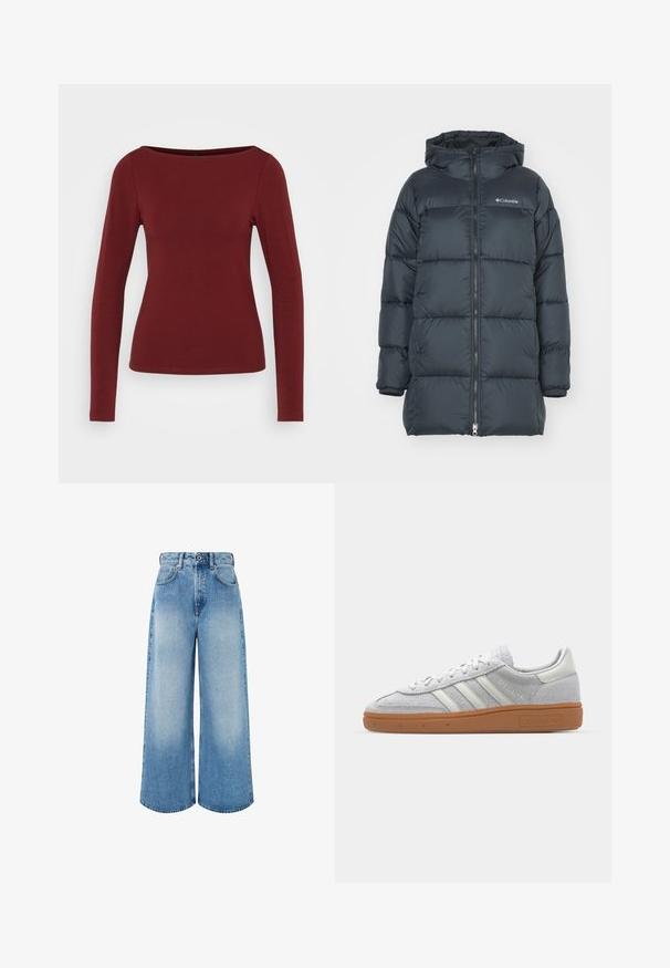 Tummansininen puhallettava takki hupulla, jossa on vetoketjullinen etuosa, vaakasuuntainen tikkaus ja logo rinnassa. Materiaali on sileä.; Pitkähihaisen burgundinpunaisen paidan pääntiessä on venepäänteinen kaula-aukko, se on muotoiltu istuvaksi ja valmistettu sileästä, joustavasta kankaasta. Ei kuvioita tai varusteita näkyvissä.; Vaaleansiniset leveälahkeiset farkut, joissa on korkea vyötärö, napitus ja hienovarainen kuluminen puhtaine helman reunoineen.; Vaaleanharmaat mokkanahkakengät, joissa on valkoiset nahkaosat, kolme valkoista raitaa ja ruskea kumipohja, ja joissa on pehmustettu varsi mukavuutta varten.