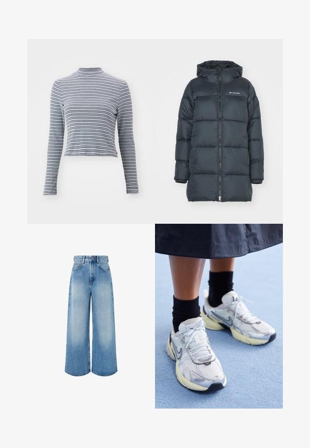 Tmavomodrý prešívaný kabát s kapucňou, má zips na prednej strane, horizontálny prešívaný dizajn a logo na hrudi. Materiál má hladkú štruktúru.; Prúžkované tričko s dlhým rukávom a vysokým golierom, vyrobené z jemného materiálu. Obsahuje úzke horizontálne čierne a biele prúžky a priliehavý strih.; Svetlomodré nohavice s širokými nohavicami vyrobené z denimu, s vysokým pásom, zapínaním na gombík a jemným prešúchaním s čistými okrajmi nohavíc.; Biele a strieborné Nike tenisky s mrežovou textíliou, reflexnými akcentmi a béžovou podrážkou. Nosené s čiernymi ponožkami, stojace na modrom povrchu.