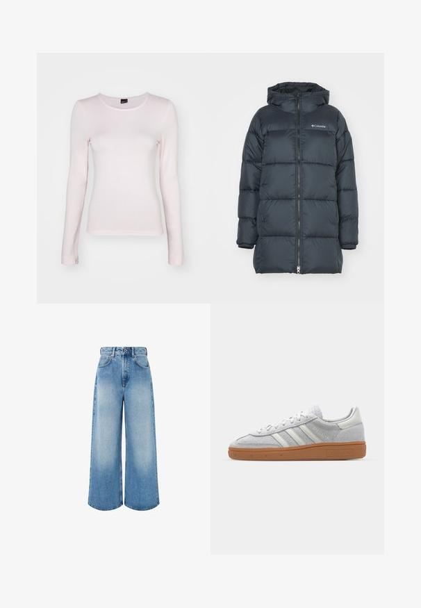 Tamno mornarski puffer jakna s kapuljačom, ima zatvarač sprijeda, horizontalni kviltani dizajn i logo na prsima. Materijal je glatke teksture.; Svijetloružičasta bluzica dugih rukava napravljena od mekog materijala, s okruglim izrezom i prilagođenim krojem, s detaljima šavova uz rub i rukave.; Svijetloplavi široki traperice izrađene od denima, s visokim strukom, zatvaranjem na dugme i suptilnim izbljeđivanjem te čistim rubovima.; Svijetlosivi nubuk tenisice s bijelim kožnim detaljima, tri bijele pruge i smeđa gumena potplat, s podstavljenim ovratnikom radi udobnosti.