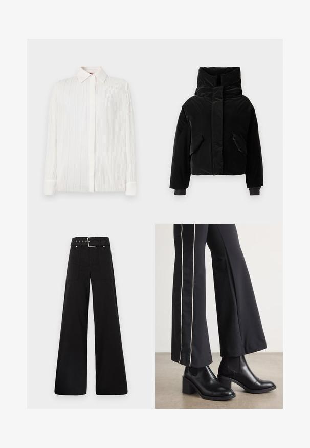 Fekete cropped pufi dzseki magas gallérral, két elülső zsebbel és rugalmas mandzsettákkal. Simás textúra fényes bevonattal.; Fehér plisszírozott ing klasszikus gallérral, hosszú ujjakkal és gombos záródással, puha textúrával és finom fényléléssel.; Fekete, bő szárú nadrág, pamutból készült, magas derékkal, nagy oldalsó zsebekkel és ezüst színű hardverelemekkel ellátott övvel.; Fekete bőr bokacsizma, tömbsarkúval, oldalán rugalmasszal ellátott panelek találhatók. Fekete nadrággal párosítva, amelynek fehér oldalsávja van.