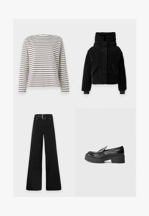 Zwarte cropped pufferjack met een hoge kraag, twee vozakken en elastische manchetten. Gladde textuur met een glanzende afwerking.; Langarmshirt van zachte stof, met een crèmekleurige achtergrond en marineblauwe horizontale strepen, en een brede bootnek.; Zwarte wijde broek van katoen, met een hoge taille, grote zijzakken en een ceintuur met zilverkleurige accenten.; Zwarte leren loafers met een robuuste rubberen zool. Voorzien van een gespaccent en gestikte details langs de bovenkant. Platte hak.