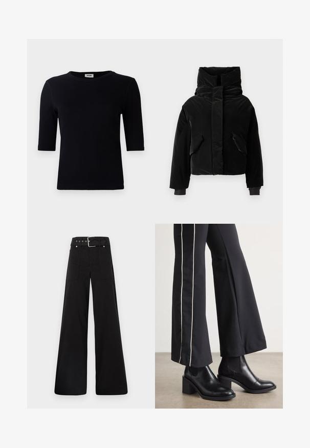 Svart cropped pufferjakke med høy krage, to frontlommer og elastiske mansjetter. Glatt tekstur med blank finish.; Svart ribbet t-skjorte med rund hals og trekvartermidlermer. Tøyet har en jevn tekstur og rett kant. Ingen synlig merkevare.; Sorte vidde bukser laget av bomull, med høy midje, store sidelommer og belte med sølv detaljer.; Sorte skinn ankle boots med blokkhæl, med elastiske sidepaneler. Kombinert med sorte bukser som har en hvit sidestripe.