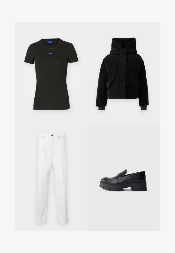 Casaco cropped preto acolchoado com gola alta, dois bolsos frontais e punhos elásticos. Textura suave com um acabamento brilhante.; T-Shirt preto de manga curta, feito de algodão canelado, com um distintivo azul do logótipo "HUGO" na frente. Design clássico de gola redonda.; Calças de ganga brancas com corte straight, fecho de botão e dois bolsos frontais. Sem padrões ou adornos visíveis. Textura suave.; Loafer preto em plataforma grossa com parte superior em couro liso, faixa decorativa, e sola texturizada espessa sobre fundo branco.