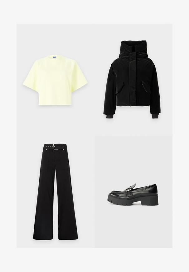 Juodas trumpas pūkinis švarkas su aukštu apykaklė, dviem priekinių kišenėlių ir elastinėmis rankovėmis. Lygus tekstūra su blizgiu paviršiumi.; Geltona trumpa marškinė su trumpomis paturtintomis rankovėmis, apvalia iškirpte ir minkšta tekstūra. Priekyje yra mažas logotipas.; Juodos plačios kojų kelnės, pagamintos iš medvilnės, su aukšta liemene, didelėmis šoninėmis kišenėmis ir diržu, papuoštu sidabriniais akcentais.; Juodi odiniai loafersai su storu guminiu padu. Yra sagties akcentas ir siuvinėjimo detalės viršuje. Lygus kulnas.
