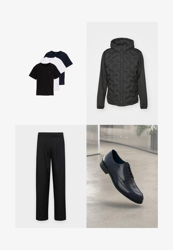 Čierna bunda s vypchávacou prednou časťou, hladkými rukávmi, kapucňou a plným zipsom. Materiál je mix textúr látok s matným povrchom.; Sada troch tričiek s krátkym rukávom v čiernej, bielej a tmavomodrej farbe. Vyrobené z bavlny, s okrúhlym výstrihom a malým logom na hrudi.; Čierne nohavice vyrobené z hladkej tkaniny, s rovnými nohavicami, dvoma prednými skladmi a štandardným pásom s pútkami na opasok.; Lesklá čierna kožená obuv na šnurovanie, ktorá sa vznáša nad hladkým, svetlošedým podlahou a vertikálnymi kovovými tyčami v pozadí.