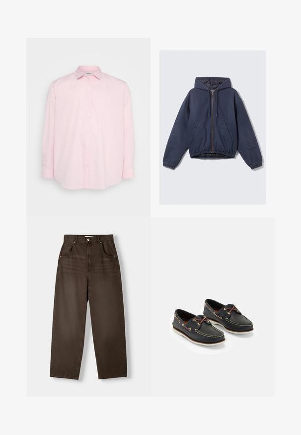 Giacca con cappuccio blu navy con polsini e vita elasticizzati, dotata di una zip frontale e due tasche laterali. Tessuto liscio con una finitura opaca.; Camicia button-up rosa chiaro con maniche lunghe, colletto standard e bottoni bianchi sul davanti, realizzata in tessuto di cotone liscio.; Pantaloni marroni a vita alta in denim, dotati di due tasche anteriori, chiusura con bottone e design a gamba dritta. Texture liscia.; Scarpe da barca in pelle blu navy con cuciture gialle, lacci rossi e occhielli argentati; punta tonda; suola in gomma bianca.