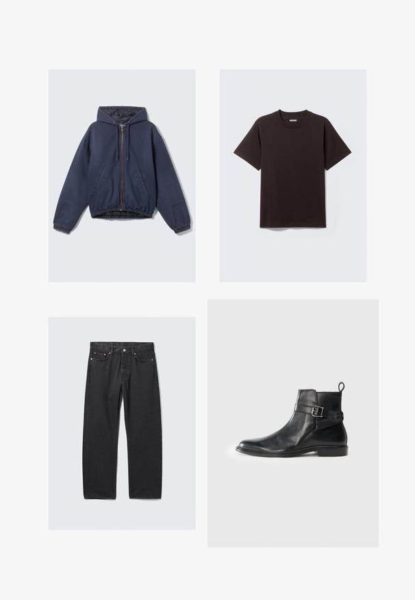 Marineblaue Kapuzenjacke mit elastischen Bündchen und Bund, ausgestattet mit einem Reißverschluss in der Front und zwei Seitentaschen. Glattes Material mit matter Oberfläche.; Schwarzes kurzärmliges Baumwoll-T-Shirt mit Rundhalsausschnitt und einem kleinen "WEEKDAY"-Label an der Innenseite des hinteren Kragens.; Schwarze Denim-Jeans mit geradem Bein, Fünf-Taschen-Design und metallischen Hardware-Details. Texturierter Stoff mit klassischem Finish.; Schwarze Leder-Ankle-Boots mit rundem Zehenbereich, seitlichem Schnallen-Detail und einer Zuglasche an der Ferse. Flache Sohle mit subtiler Glanzoberfläche.