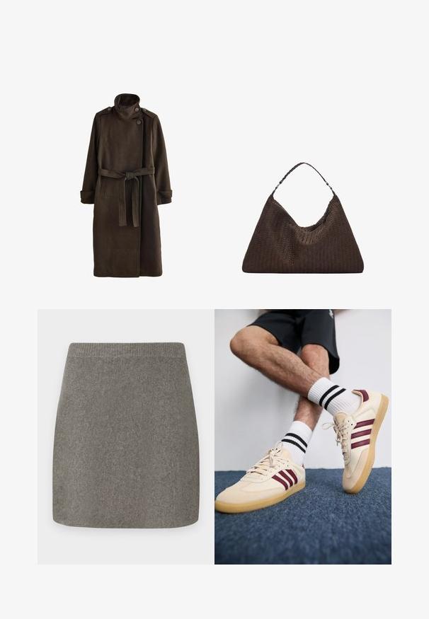 Hnědý vlněný kabát s vysokým límcem, zdobený knoflíkovými detaily na ramenech, dlouhými rukávy a odpovídajícím pásem v pase. Texturovaný povrch látky.; Svetle šedý pletený pulovr s vysokým límcem, spadlými rameny a žebrovanými manžetami a lemem. Měkká textura s uvolněným střihem.; Šedá pletená minisukně s ribovaným pasem, hladkou strukturou a rovným střihem, navržená pro těsně padnoucí siluetu.; Béžové tenisky s kaštanovými pruhy, texturovaný svršek a podešev z gumy, spárované s bílými ponožkami s ribbovaným vzorem a černými pruhy.; Hnědá pletená kožená kabelka s uvolněným trojúhelníkovým tvarem. Disponuje spleteným uchem a zipovým uzavíráním na vrchu.