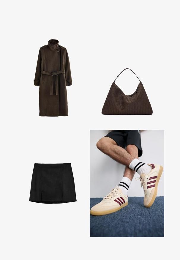 Cappotto in lana marrone con colletto alto, dettagli a bottoni sulle spalle, maniche lunghe e una cintura coordinata in vita. Finitura in tessuto testurizzato.; Pullover lavorato a maglia grigio chiaro con collo alto, spalle scese e polsini e orlo a coste. Tessuto morbido con vestibilità rilassata.; Mini gonna nera con taglio dritto, zip laterale e due spacchi anteriori all'orlo.; Sneaker beige con strisce marroni, tomaia texturizzata e suola in gomma, abbinati a calzini bianchi a costine con strisce nere.; Borsa a tracolla in pelle intrecciata marrone con una forma triangolare morbida. Presenta una maniglia intrecciata e una chiusura con zip lungo la parte superiore.