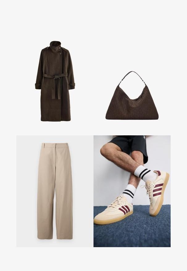 Hnedý vlněný kabát s vysokým golierom, zhotovený s detaily na ramene s gombíkmi, dlhými rukávmi a zodpovedajúcim opaskom v oblasti pása. Tkanina má textúrovaný povrch.; Svetlo šedý pletený pulóver s vysokým golierom, spustenými ramenami a rebrovanými manžetami a lemom. Mäkkučká textúra s voľným strihom.; Bežové, široké nohavice vyrobené z bavlny. Majú rovný predný diel, dve bočné vrecká a hladkú textúru. Jednoduchý, funkčný dizajn.; Béžové tenisky s vínovými pruhmi, štruktúrovaný zvršok a gumová podošva, v kombinácii s rebrovými bielymi ponožkami s čiernymi pruhmi.; Hnedá tkaná kožená kabelka s voľným, trojuholníkovým tvarom. Má opletenú rúčku a zips na vrchu.