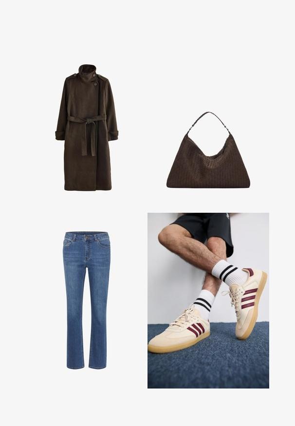 Cappotto in lana marrone con colletto alto, dettagli a bottoni sulle spalle, maniche lunghe e una cintura coordinata in vita. Finitura in tessuto testurizzato.; Pullover lavorato a maglia grigio chiaro con collo alto, spalle scese e polsini e orlo a coste. Tessuto morbido con vestibilità rilassata.; Jeans in denim blu con un design a gamba dritta, vita aderente, passanti per cintura, cinque tasche e un piccolo bottone marrone in vita.; Sneaker beige con strisce marroni, tomaia texturizzata e suola in gomma, abbinati a calzini bianchi a costine con strisce nere.; Borsa a tracolla in pelle intrecciata marrone con una forma triangolare morbida. Presenta una maniglia intrecciata e una chiusura con zip lungo la parte superiore.