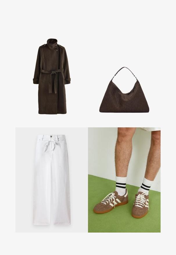 Brun ullkappa med hög krage, knappade axeldetaljer, långa ärmar och ett matchande bälte i midjan. Strukturerad tygfinish.; Ljusgrå stickad pullover med hög krage, sänkta axlar och ribbade muddar och fåll. Mjuk textur med en avslappnad passform.; Vita vida byxor i bomull. Har en dragsko i midjan och en knappstängning. Slät textur med en minimalistisk design.; Bruna mockaskor med vita detaljer och snören. Gummisula i beige. Bärs med vita strumpor med svarta ränder. Grön strukturerad golvyta.; Brun vävd läderhandväska med en slapp, triangulär form. Har ett flätat handtag och en dragkedjestängning längs toppen.