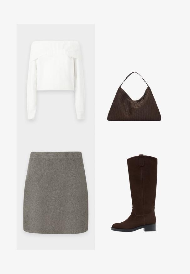 Cappotto in lana marrone con colletto alto, dettagli a bottoni sulle spalle, maniche lunghe e una cintura coordinata in vita. Finitura in tessuto testurizzato.; Maglione bianco scollato realizzato in morbido materiale a maglia, con maniche lunghe e dettagli in costina lungo il collo e i polsini.; Mini gonna grigia lavorata a maglia con una vita a coste, texture liscia e taglio dritto, progettata per una silhouette aderente.; Stivali al ginocchio in suede marrone con punta arrotondata, cuciture sottili e tacco basso a blocco; presentano un laccio nella parte superiore per una facile calzata.; Borsa a tracolla in pelle intrecciata marrone con una forma triangolare morbida. Presenta una maniglia intrecciata e una chiusura con zip lungo la parte superiore.