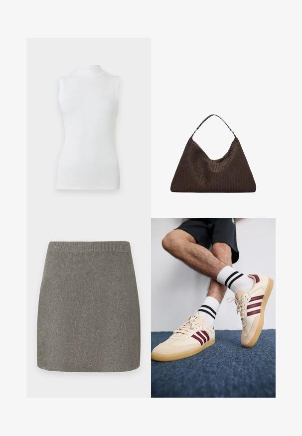 Ruskea villakangastakki korkealla kauluksella, napitettavilla olkapäiden yksityiskohdilla, pitkähihaisilla hihoilla ja yhteensopivalla vyöllä vyötäröllä. Tekstuurinen kangaspinta.; Hihaton valkoinen mock neck -paita, jossa on tiukka muoto ja sileä kangas vaaleaa taustaa vasten.; Harmaa neulottu mini-hame, johon kuuluu ribbausvyötärö, sileä pinta ja suora leikkuu, joka on suunniteltu tiukaksi siluetiksi.; Beige lenkkarit, joissa on viininpunaiset raidat, teksturoitu päällisemateriaali ja kumipohja, yhdistetty valkoisiin ribaatuihin sukkiin, joissa on mustat raidat.; Ruskean kudottu nahkainen käsilaukku, jolla on löysä, kolmiomainen muoto. Varustettu punotulla kahvalla ja vetoketjukiinnityksellä ylhäällä.