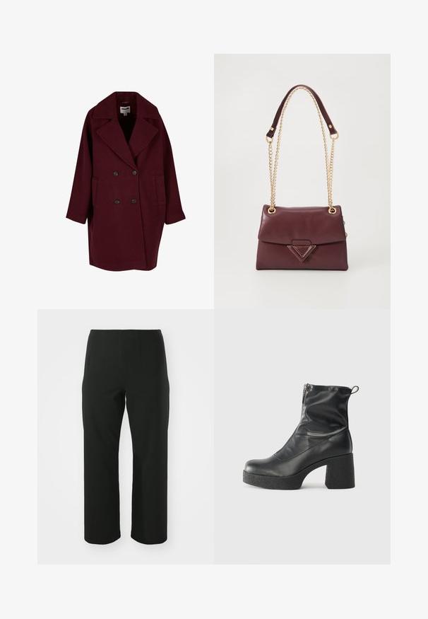 Burgundy wool blend overcoat with a double-breasted front, large notched lapels, and side pockets. Features black buttons and straight sleeves.; Black turtleneck long-sleeve top, made of ribbed fabric, features a fitted design with a high neckline and no patterns or accents.; Vero Moda Curve VMCAUGUSTA PANT - Trousers - black; Black ankle boots made of smooth leather, featuring a side zipper, chunky textured heel, and rounded toe design.; Burgundy leather handbag with a fold-over flap, featuring a gold chain strap and a triangular metal accent on the front. Smooth texture.
