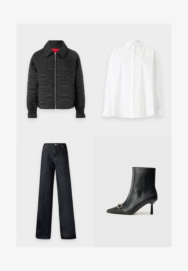 Mustan tikandiga jakk lukuga ees, varrukateel elastsed mansetid ja kogu pinda kaunistavad reljeefsed lillemustrid. Punane sisekleebis.; Valge nööbiga särk, mis on valmistatud puuvillast, klassikalise krae, pikad varrukad ja peene südametikandiga vasakul ülal.; Tumedat sinised laiad püksid geomeetrilise mustriga, valmistatud denimist. Omab metallist nööpi, tõmbluku ja esipocketsi õmblemist.; Must mustanvärvi nahast pahklinetopp, millel on terav nina, peen keskmise kõrgusega konts ja hõbedane keha detail külgedel, taustal lihtne taust.