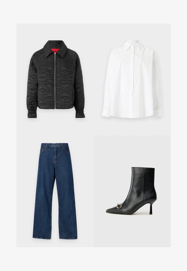 Jachetă neagră matlasată cu fermoar în față, cu guler, manșete elastice și modele florale în relief pe întreaga suprafață. Etichetă interioară roșie.; Cămașă albă cu nasturi, confecționată din bumbac, având un guler clasic, mâneci lungi și un broderie subtilă în formă de inimă pe partea superioară stângă.; Jeans largi de culoare bleumarin, din denim, cu un design clasic cu cinci buzunare. Prezintă cusături contrastante și o închidere frontală cu buton.; Botine negre din piele, cu vârf ascuțit, toc subțire de înălțime medie și detaliu cu cataramă argintie pe lateral, pe un fundal simplu.