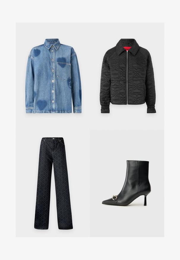 Mustan tikandiga jakk lukuga ees, varrukateel elastsed mansetid ja kogu pinda kaunistavad reljeefsed lillemustrid. Punane sisekleebis.; Heled sinine teksashirt, millel on südamekujulised detailid, terav krae, esikott ja nööbiplokk. Pehme, tekstuuriga kangas.; Tumedat sinised laiad püksid geomeetrilise mustriga, valmistatud denimist. Omab metallist nööpi, tõmbluku ja esipocketsi õmblemist.; Must mustanvärvi nahast pahklinetopp, millel on terav nina, peen keskmise kõrgusega konts ja hõbedane keha detail külgedel, taustal lihtne taust.