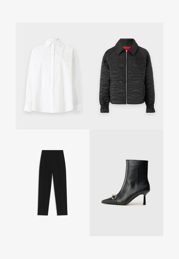 Musta tyynyverhoiltu takki, jossa on vetoketjuedusta, kauluksen kaula, joustavat hihansuut ja embossatut kukkakuviot kauttaaltaan. Punainen sisämerkki.; Valkoinen napapaitaja puuvillasta, jossa on klassinen kaulus, pitkät hihat ja hienovarainen sydämen brodeeraus vasemmalla puolella ylhäällä.; Mustat housut suoran istuvuuden kanssa, joissa on kaksinkertaiset laskokset, sileä pinta ja klassinen vyötärönauhan muotoilu. Ei näkyviä metalliosia tai koristeita.; Musta nahkasaapas nilkkapituisilla, terävillä kärjillä, hoikalla keskipituisella korolla ja hopeavöillä sivussa yksinkertaista taustaa vasten.